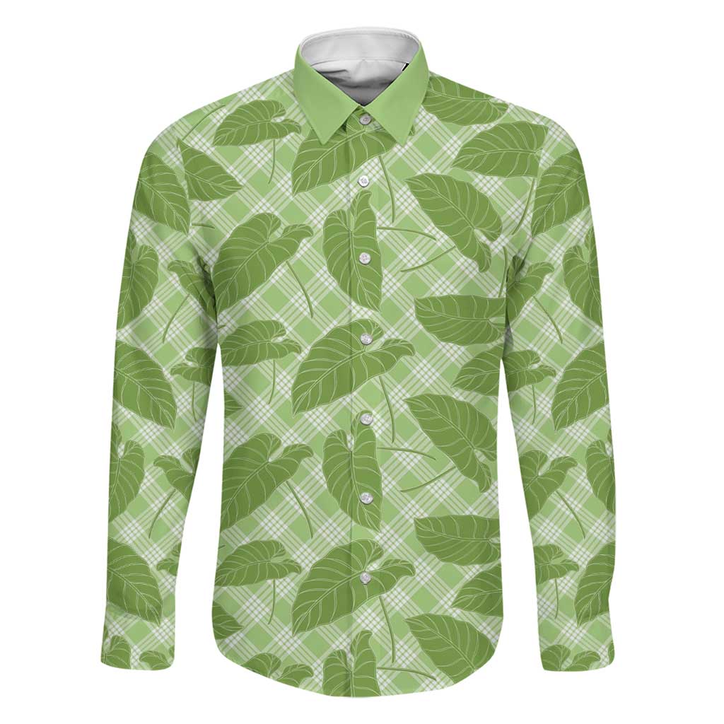 Green Hawaii Kalo Palaka Motifs Family Matching Off The Shoulder Long Sleeve Dress and Hawaiian Shirt Hawaiian Taro Leaves Elegant Vibes LT14 Dad's Shirt - Long Sleeve Green - Polynesian Pride