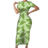 Green Hawaii Kalo Palaka Motifs Family Matching Short Sleeve Bodycon Dress and Hawaiian Shirt Hawaiian Taro Leaves Elegant Vibes LT14 Mom's Dress Green - Polynesian Pride