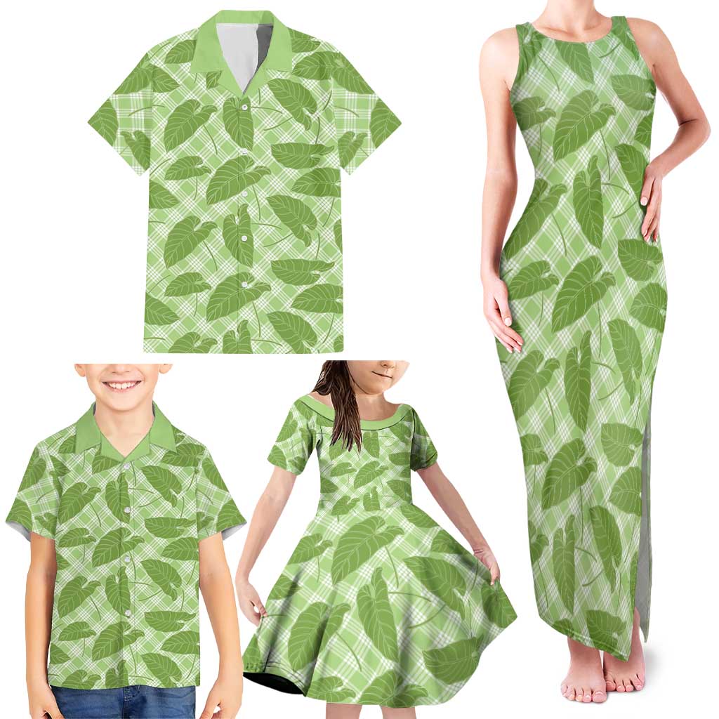 Green Hawaii Kalo Palaka Motifs Family Matching Tank Maxi Dress and Hawaiian Shirt Hawaiian Taro Leaves Elegant Vibes - Polynesian Pride