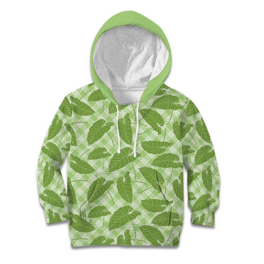 Green Hawaii Kalo Palaka Motifs Kid Hoodie Hawaiian Taro Leaves Elegant Vibes - Polynesian Pride