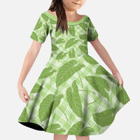 Green Hawaii Kalo Palaka Motifs Kid Short Sleeve Dress Hawaiian Taro Leaves Elegant Vibes LT14 KID Green - Polynesian Pride