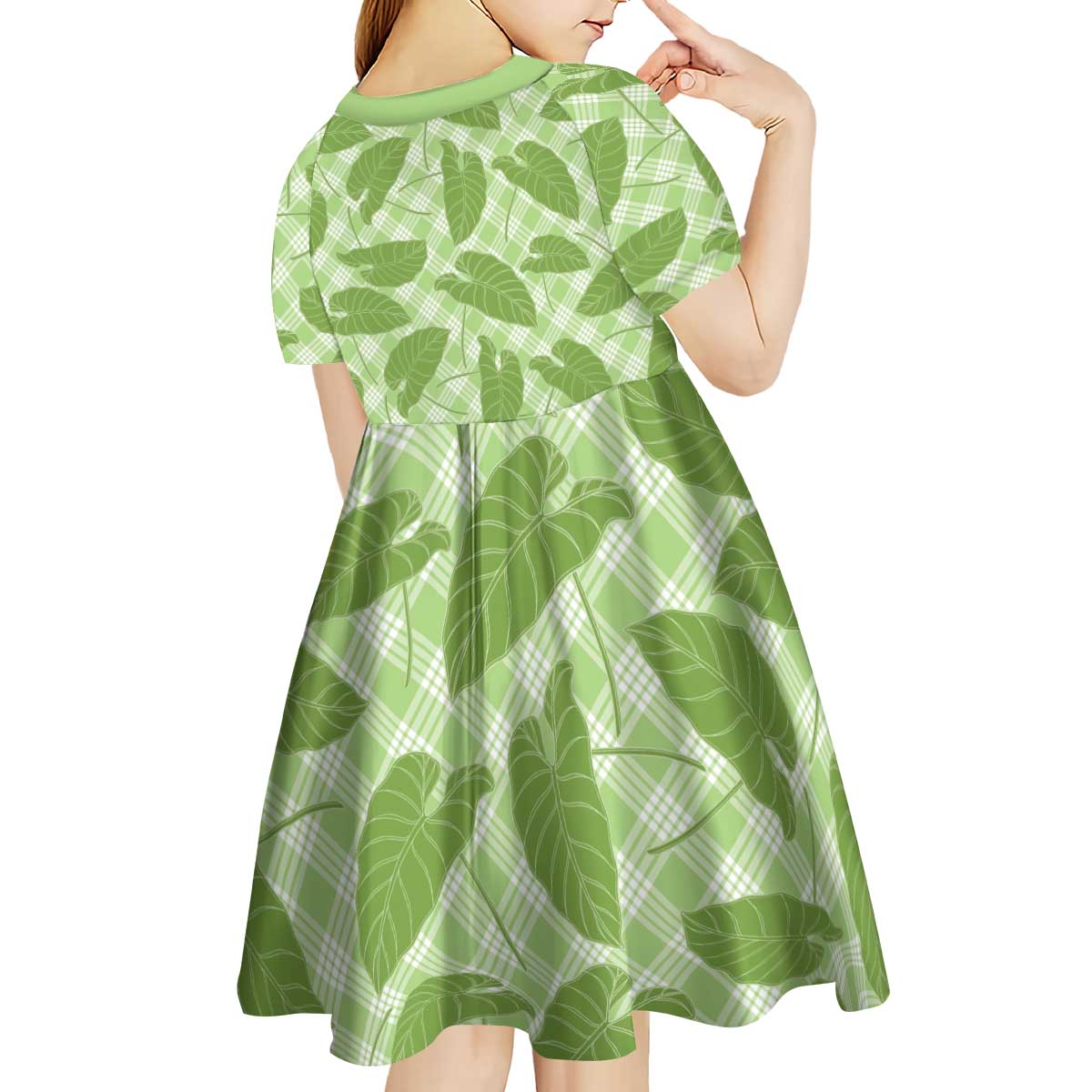 Green Hawaii Kalo Palaka Motifs Kid Short Sleeve Dress Hawaiian Taro Leaves Elegant Vibes LT14 - Polynesian Pride