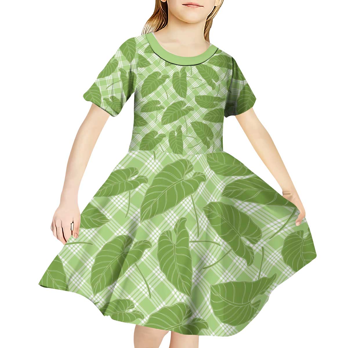 Green Hawaii Kalo Palaka Motifs Kid Short Sleeve Dress Hawaiian Taro Leaves Elegant Vibes LT14 - Polynesian Pride