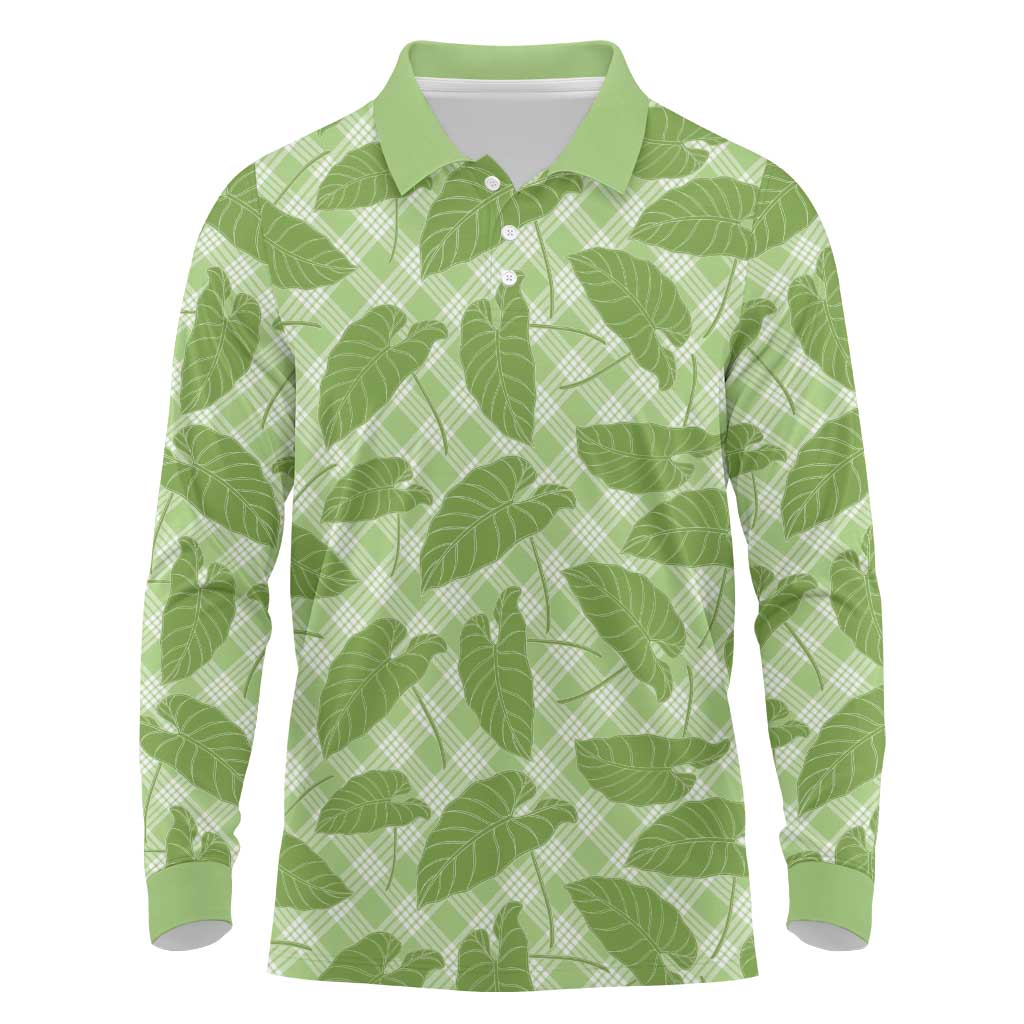 Green Hawaii Kalo Palaka Motifs Long Sleeve Polo Shirt Hawaiian Taro Leaves Elegant Vibes LT14 Green - Polynesian Pride