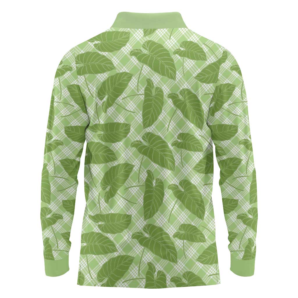 Green Hawaii Kalo Palaka Motifs Long Sleeve Polo Shirt Hawaiian Taro Leaves Elegant Vibes LT14 - Polynesian Pride