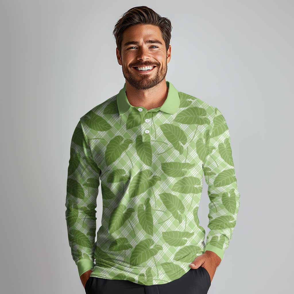 Green Hawaii Kalo Palaka Motifs Long Sleeve Polo Shirt Hawaiian Taro Leaves Elegant Vibes LT14 - Polynesian Pride