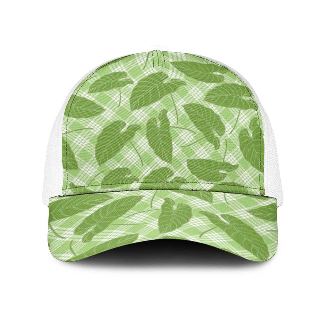 Green Hawaii Kalo Palaka Motifs Mesh Trucker Cap Hawaiian Taro Leaves Elegant Vibes