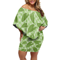 Green Hawaii Kalo Palaka Motifs Off Shoulder Short Dress Hawaiian Taro Leaves Elegant Vibes LT14 Women Green - Polynesian Pride