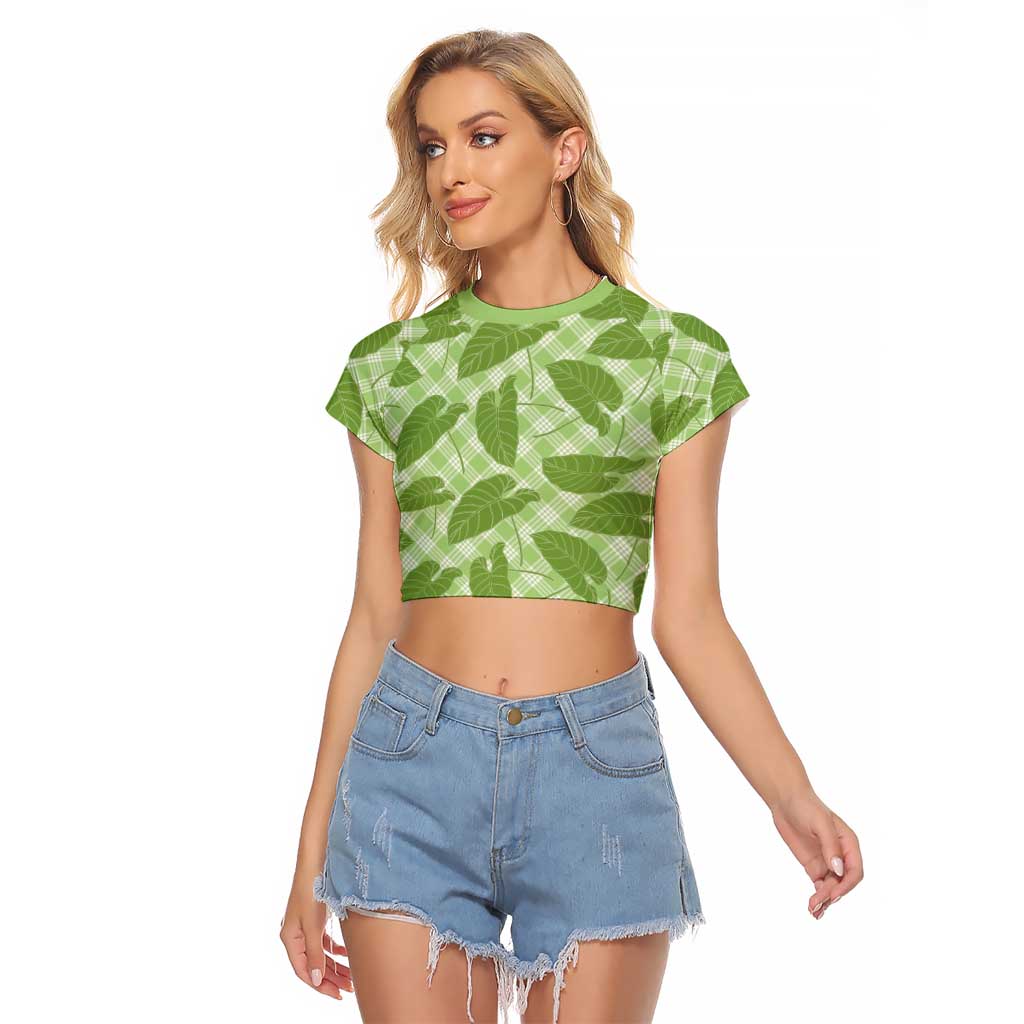 Green Hawaii Kalo Palaka Motifs Raglan Cropped T Shirt Hawaiian Taro Leaves Elegant Vibes - Polynesian Pride