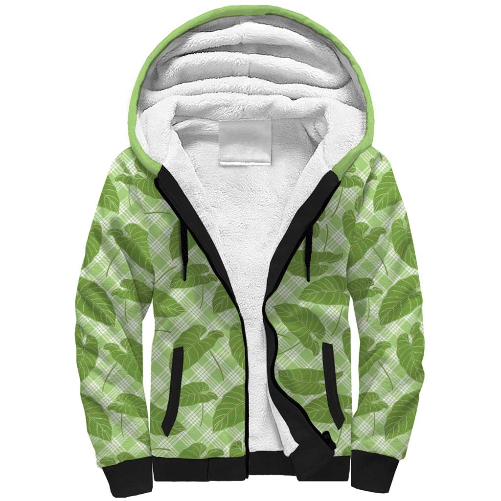 Green Hawaii Kalo Palaka Motifs Sherpa Hoodie Hawaiian Taro Leaves Elegant Vibes LT14 Unisex Green - Polynesian Pride