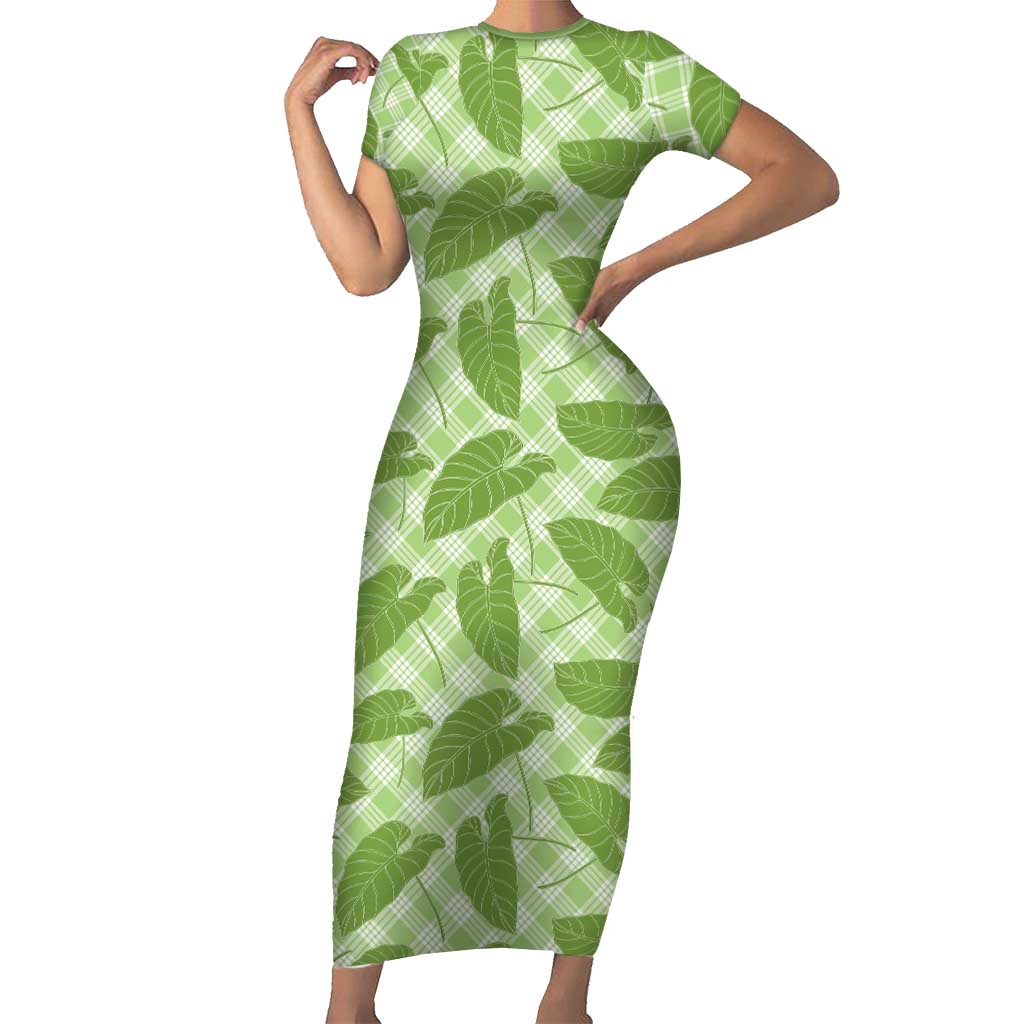 Green Hawaii Kalo Palaka Motifs Short Sleeve Bodycon Dress Hawaiian Taro Leaves Elegant Vibes LT14 Long Dress Green - Polynesian Pride
