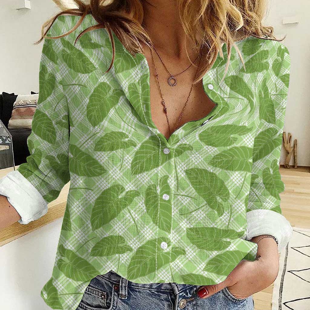 Green Hawaii Kalo Palaka Women Casual Shirt - Hawaiian Taro Leaves Elegant Vibes LT14 Female Green - Polynesian Pride