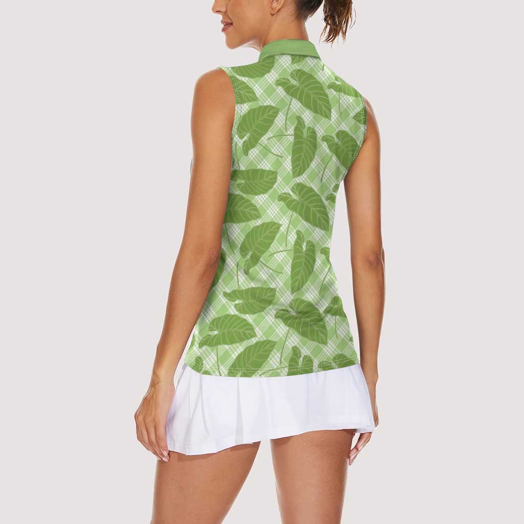 Green Hawaii Kalo Palaka Motifs Women Sleeveless Polo Shirt Hawaiian Taro Leaves Elegant Vibes LT14 - Polynesian Pride