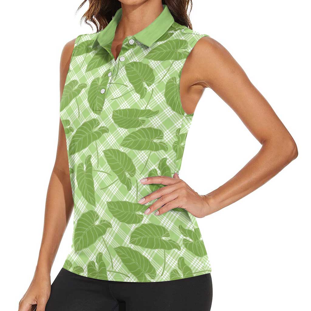Green Hawaii Kalo Palaka Motifs Women Sleeveless Polo Shirt Hawaiian Taro Leaves Elegant Vibes LT14 - Polynesian Pride