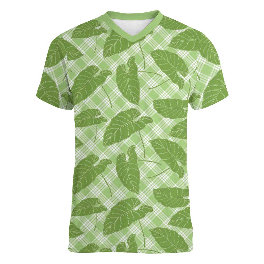 Green Hawaii Kalo Palaka Motifs Women V-Neck T-Shirt Hawaiian Taro Leaves Elegant Vibes LT14 Female Green - Polynesian Pride