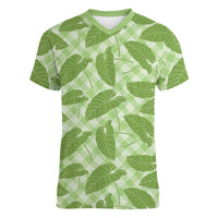 Green Hawaii Kalo Palaka Motifs Women V-Neck T-Shirt Hawaiian Taro Leaves Elegant Vibes LT14 Female Green - Polynesian Pride