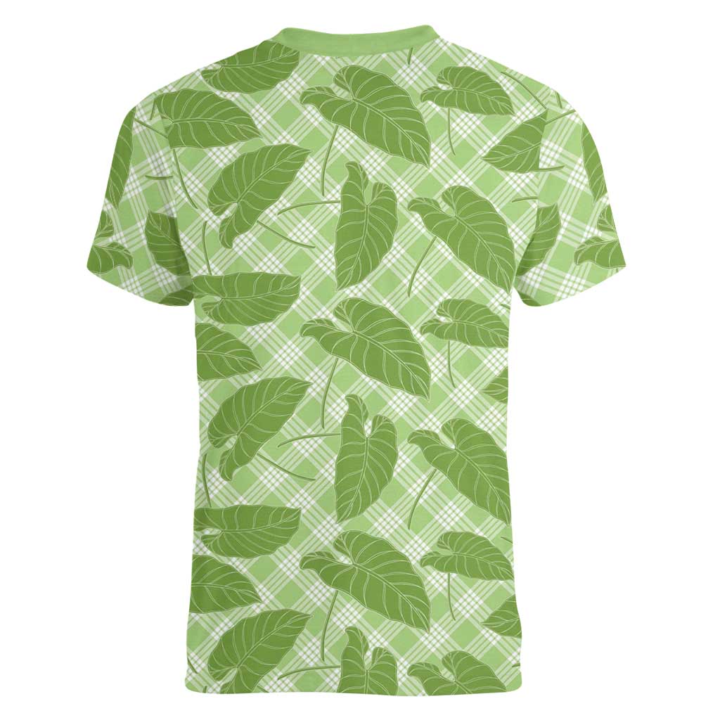 Green Hawaii Kalo Palaka Motifs Women V-Neck T-Shirt Hawaiian Taro Leaves Elegant Vibes LT14 - Polynesian Pride
