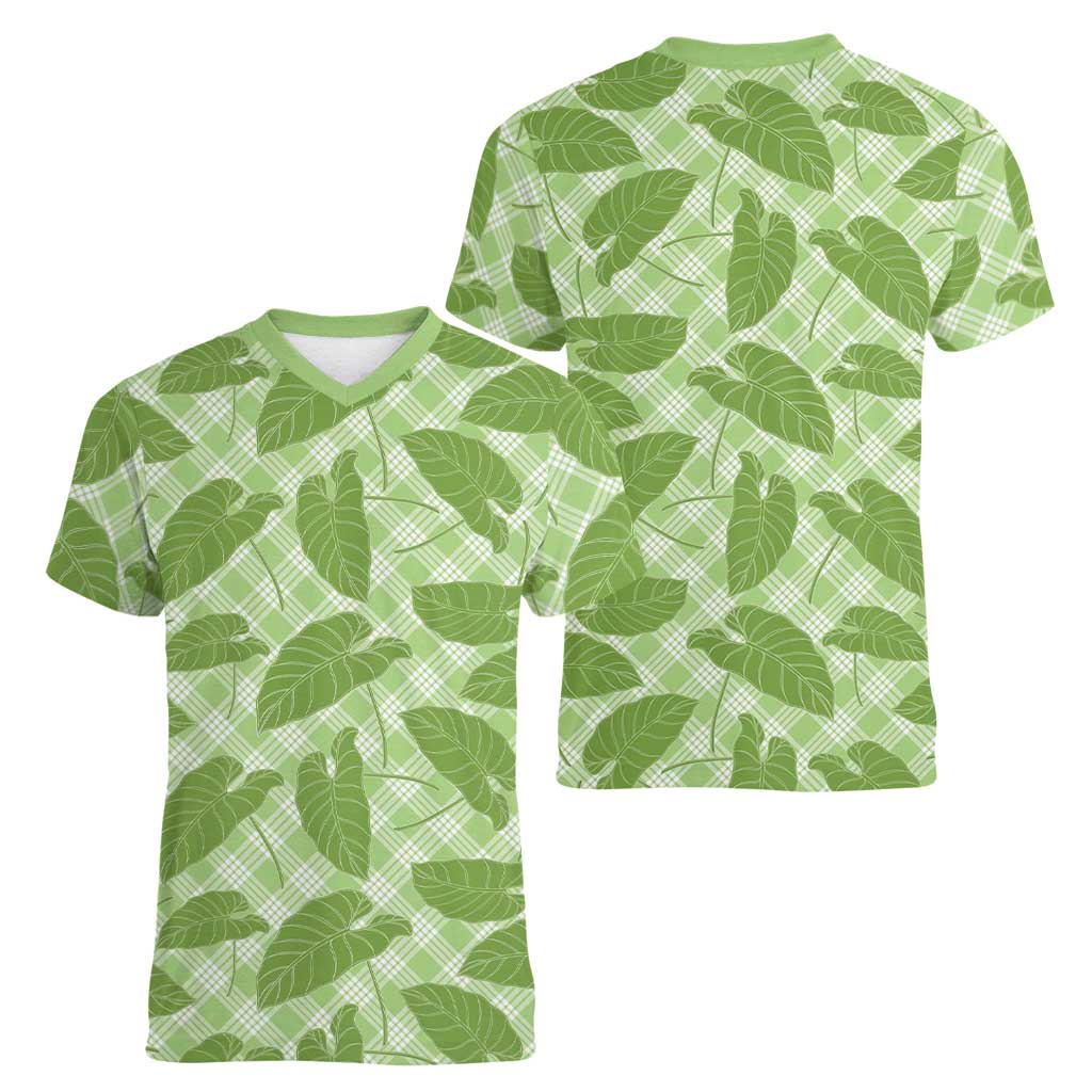 Green Hawaii Kalo Palaka Motifs Women V-Neck T-Shirt Hawaiian Taro Leaves Elegant Vibes LT14 - Polynesian Pride