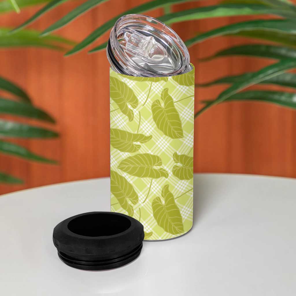 Lime Green Hawaii Kalo Palaka Motifs 4 in 1 Can Cooler Tumbler Hawaiian Taro Leaves Elegant Vibes LT14 - Polynesian Pride