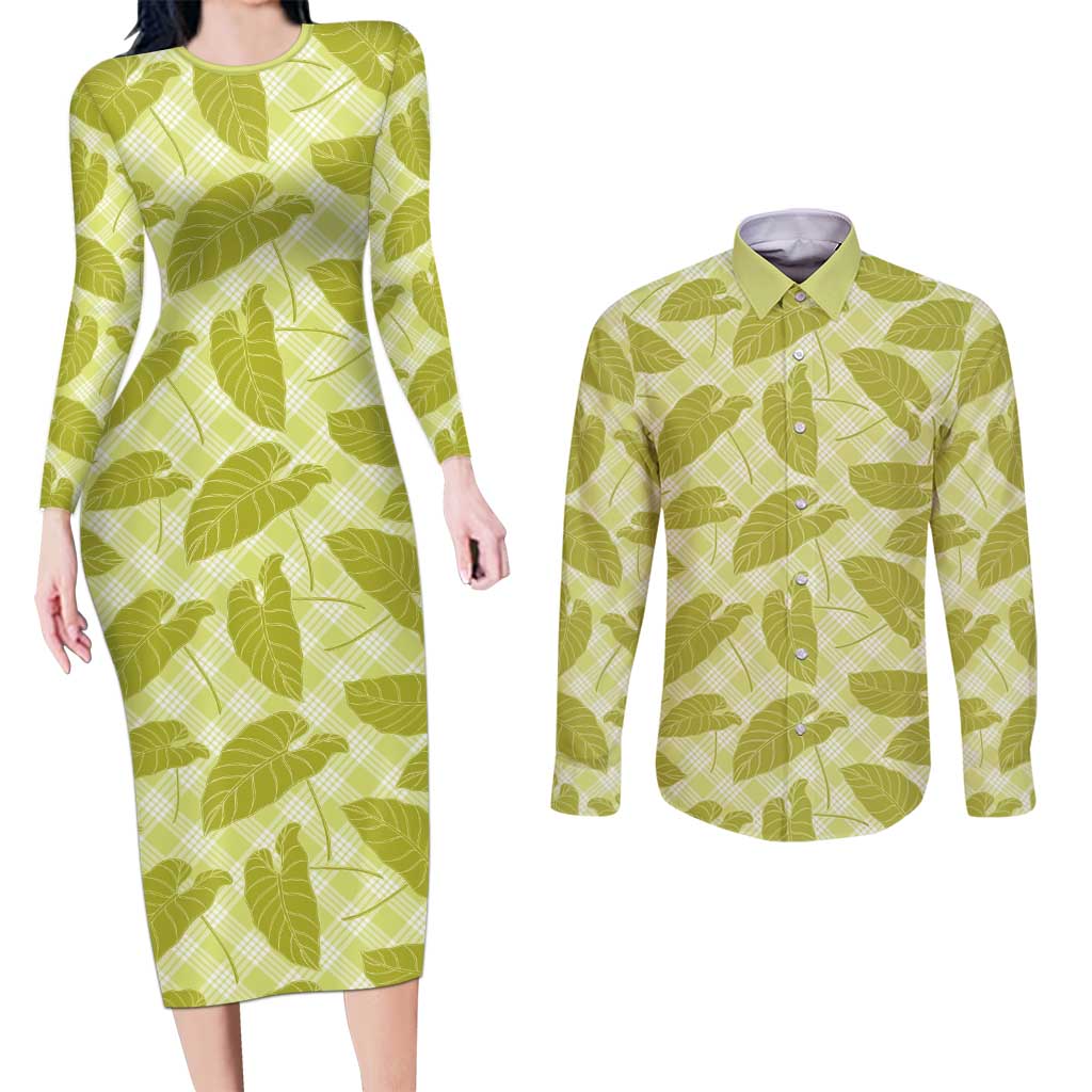 Lime Green Hawaii Kalo Palaka Motifs Couples Matching Long Sleeve Bodycon Dress and Long Sleeve Button Shirt Hawaiian Taro Leaves Elegant Vibes LT14 Lime Green - Polynesian Pride