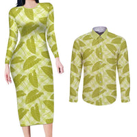 Lime Green Hawaii Kalo Palaka Motifs Couples Matching Long Sleeve Bodycon Dress and Long Sleeve Button Shirt Hawaiian Taro Leaves Elegant Vibes LT14 Lime Green - Polynesian Pride