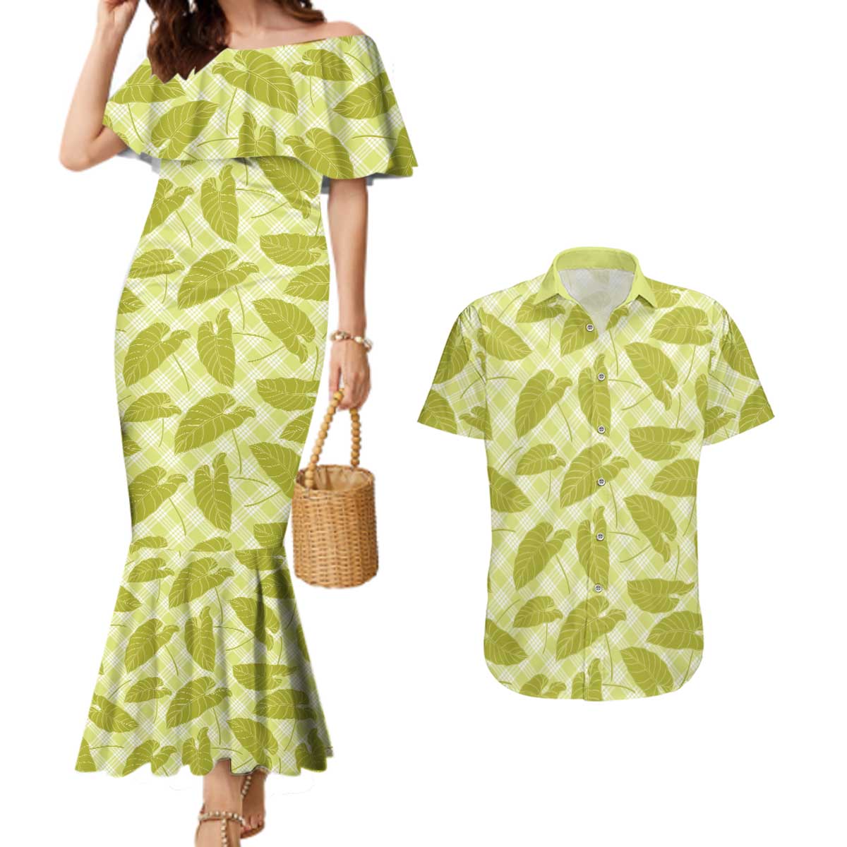 Lime Green Hawaii Kalo Palaka Motifs Couples Matching Mermaid Dress and Hawaiian Shirt Hawaiian Taro Leaves Elegant Vibes LT14 Lime Green - Polynesian Pride