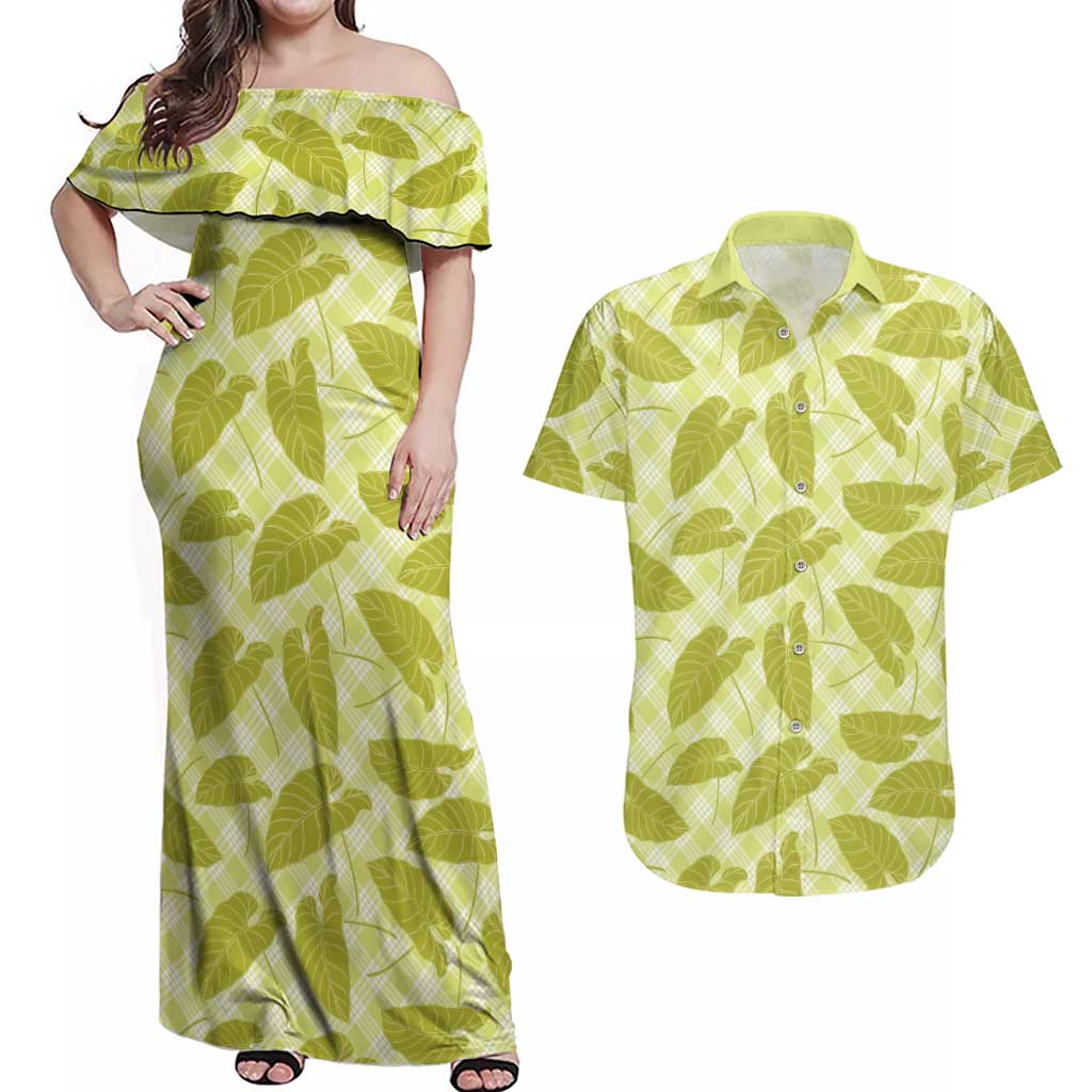 Lime Green Hawaii Kalo Palaka Motifs Couples Matching Off Shoulder Maxi Dress and Hawaiian Shirt Hawaiian Taro Leaves Elegant Vibes LT14 Lime Green - Polynesian Pride