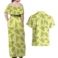 Lime Green Hawaii Kalo Palaka Motifs Couples Matching Off Shoulder Maxi Dress and Hawaiian Shirt Hawaiian Taro Leaves Elegant Vibes LT14 - Polynesian Pride
