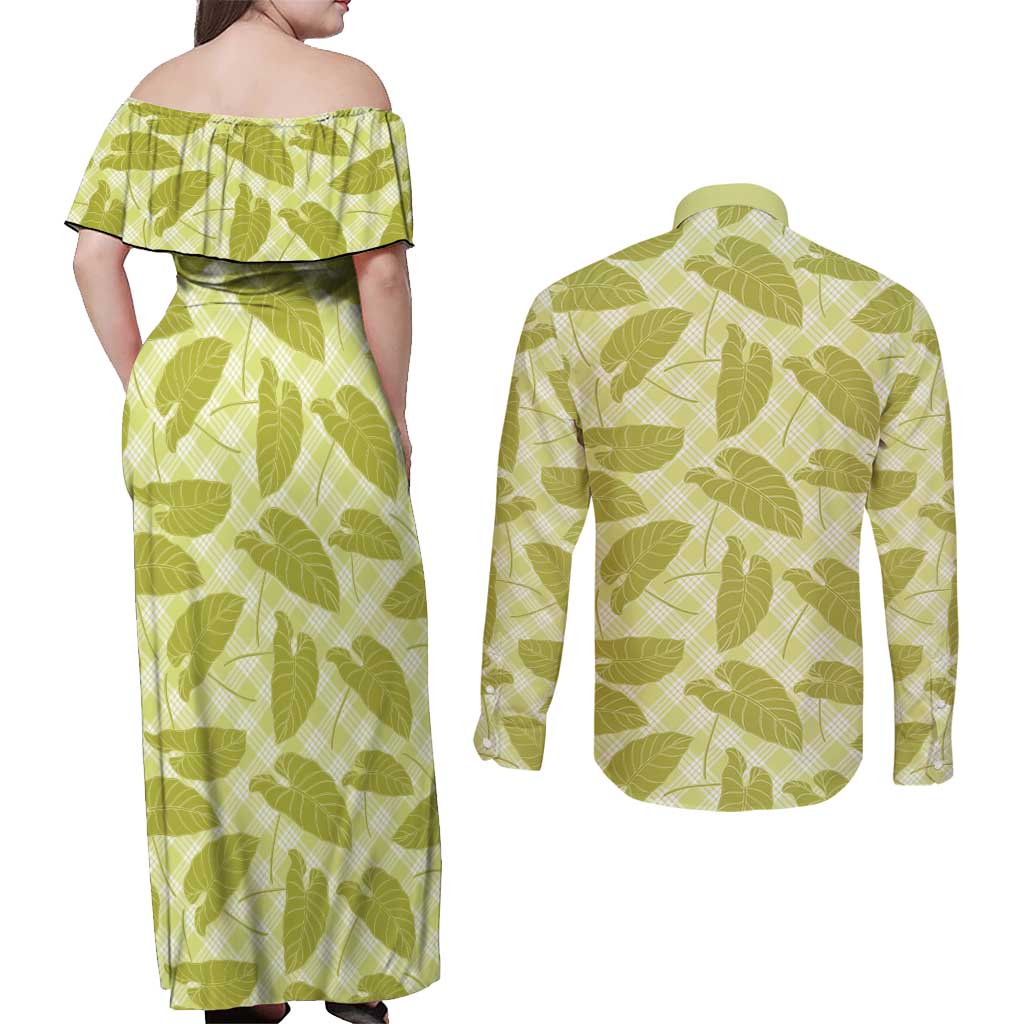 Lime Green Hawaii Kalo Palaka Motifs Couples Matching Off Shoulder Maxi Dress and Long Sleeve Button Shirt Hawaiian Taro Leaves Elegant Vibes LT14 - Polynesian Pride