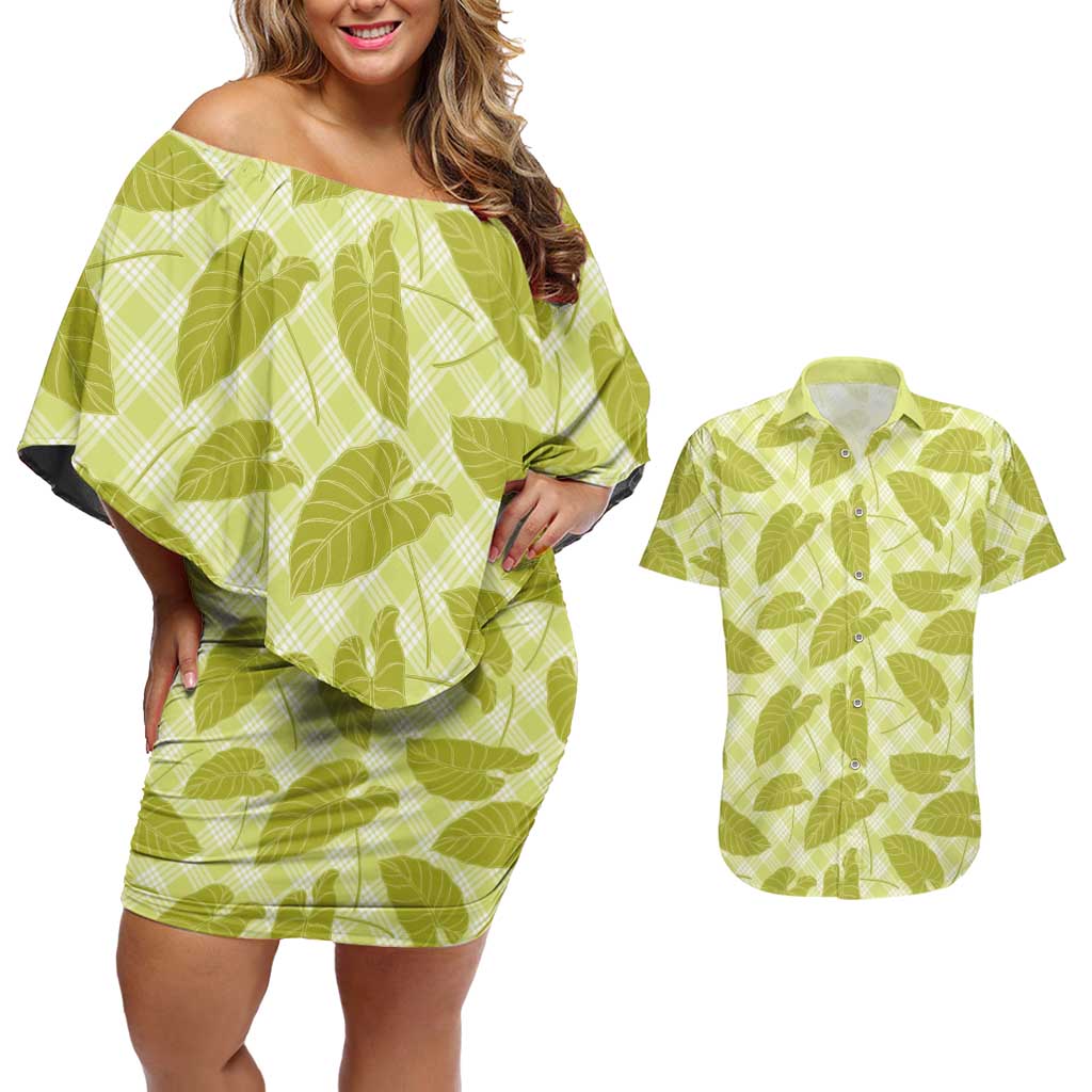 Lime Green Hawaii Kalo Palaka Motifs Couples Matching Off Shoulder Short Dress and Hawaiian Shirt Hawaiian Taro Leaves Elegant Vibes LT14 Lime Green - Polynesian Pride