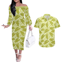 Lime Green Hawaii Kalo Palaka Motifs Couples Matching Off The Shoulder Long Sleeve Dress and Hawaiian Shirt Hawaiian Taro Leaves Elegant Vibes LT14 Lime Green - Polynesian Pride