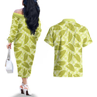 Lime Green Hawaii Kalo Palaka Motifs Couples Matching Off The Shoulder Long Sleeve Dress and Hawaiian Shirt Hawaiian Taro Leaves Elegant Vibes LT14 - Polynesian Pride