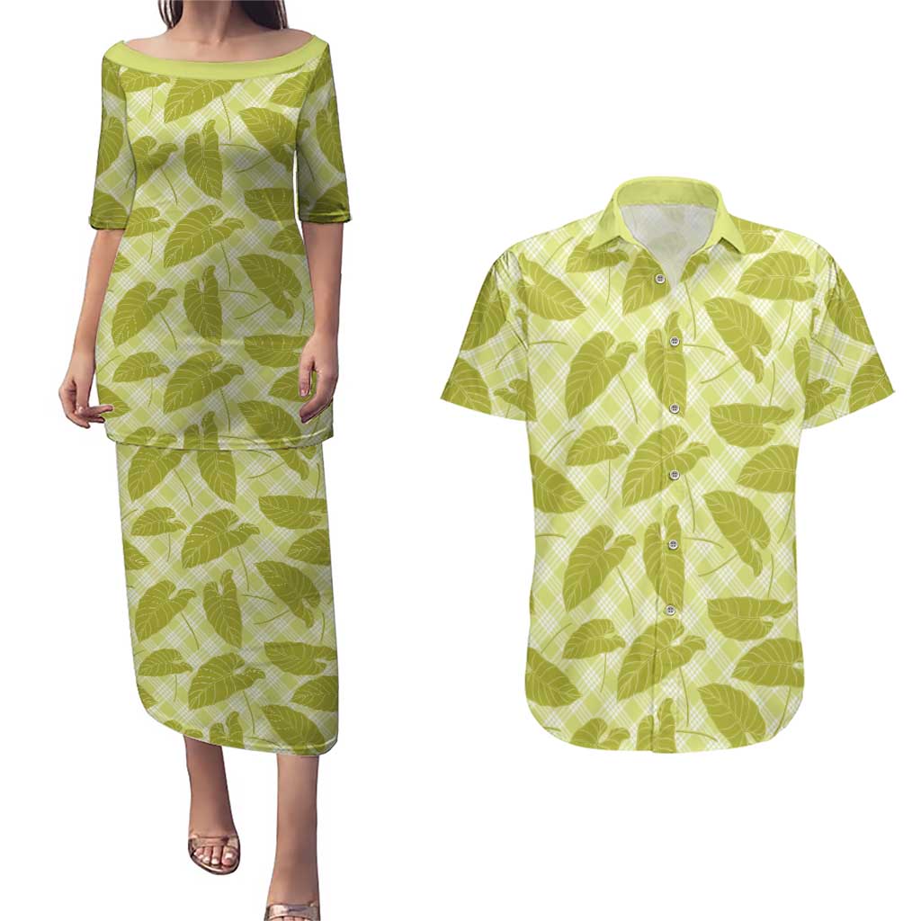 Lime Green Hawaii Kalo Palaka Motifs Couples Matching Puletasi and Hawaiian Shirt Hawaiian Taro Leaves Elegant Vibes - Polynesian Pride