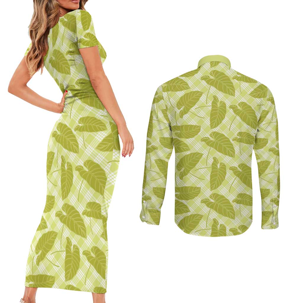 Lime Green Hawaii Kalo Palaka Motifs Couples Matching Short Sleeve Bodycon Dress and Long Sleeve Button Shirt Hawaiian Taro Leaves Elegant Vibes LT14 - Polynesian Pride