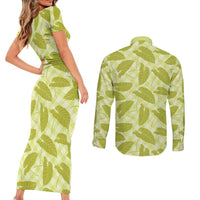Lime Green Hawaii Kalo Palaka Motifs Couples Matching Short Sleeve Bodycon Dress and Long Sleeve Button Shirt Hawaiian Taro Leaves Elegant Vibes LT14 - Polynesian Pride