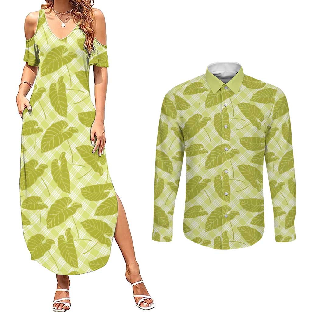 Lime Green Hawaii Kalo Palaka Motifs Couples Matching Summer Maxi Dress and Long Sleeve Button Shirt Hawaiian Taro Leaves Elegant Vibes LT14 Lime Green - Polynesian Pride
