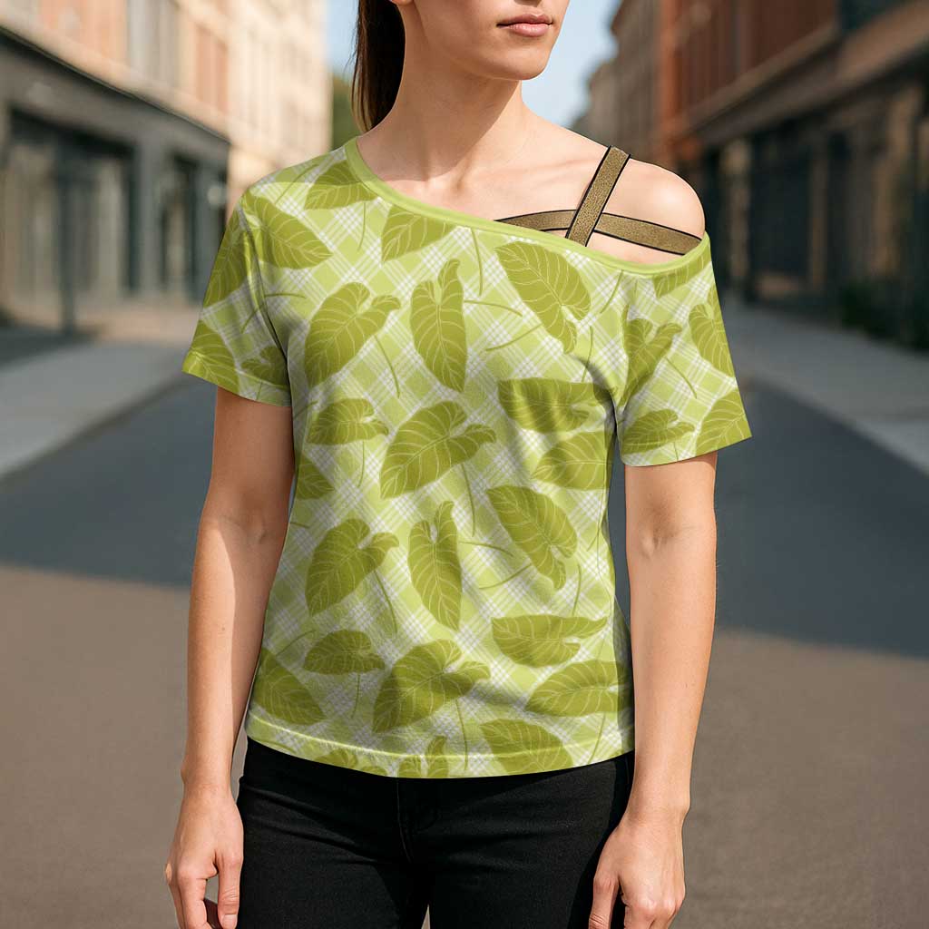 Lime Green Hawaii Kalo Palaka Motifs Cross Shoulder Shirt Hawaiian Taro Leaves Elegant Vibes - Polynesian Pride
