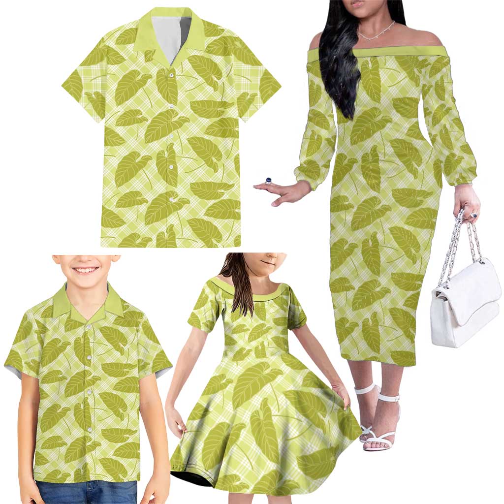 Lime Green Hawaii Kalo Palaka Motifs Family Matching Off The Shoulder Long Sleeve Dress and Hawaiian Shirt Hawaiian Taro Leaves Elegant Vibes - Polynesian Pride