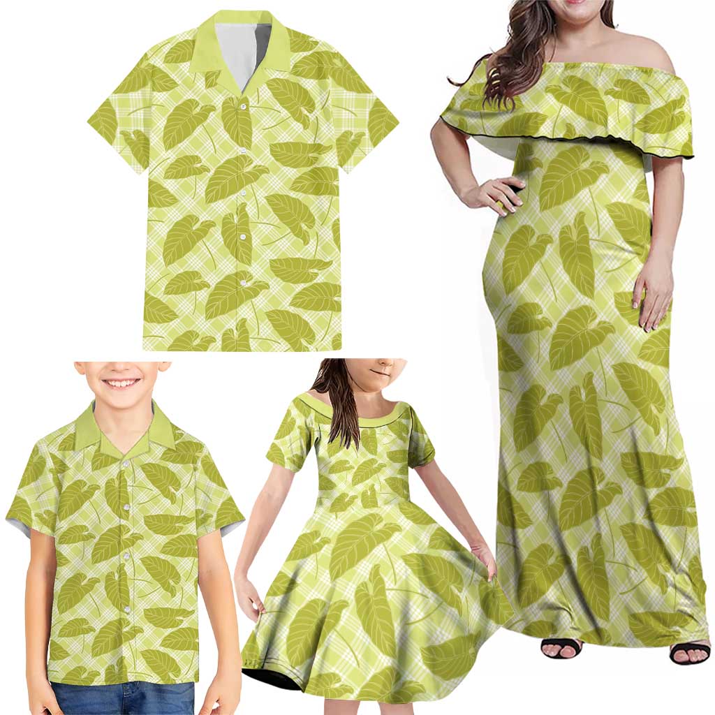 Lime Green Hawaii Kalo Palaka Motifs Family Matching Off Shoulder Maxi Dress and Hawaiian Shirt Hawaiian Taro Leaves Elegant Vibes LT14 - Polynesian Pride
