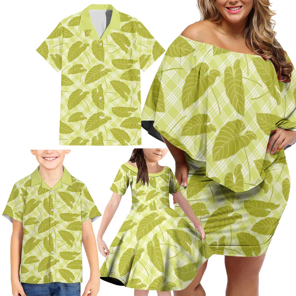 Lime Green Hawaii Kalo Palaka Motifs Family Matching Off Shoulder Short Dress and Hawaiian Shirt Hawaiian Taro Leaves Elegant Vibes LT14 - Polynesian Pride