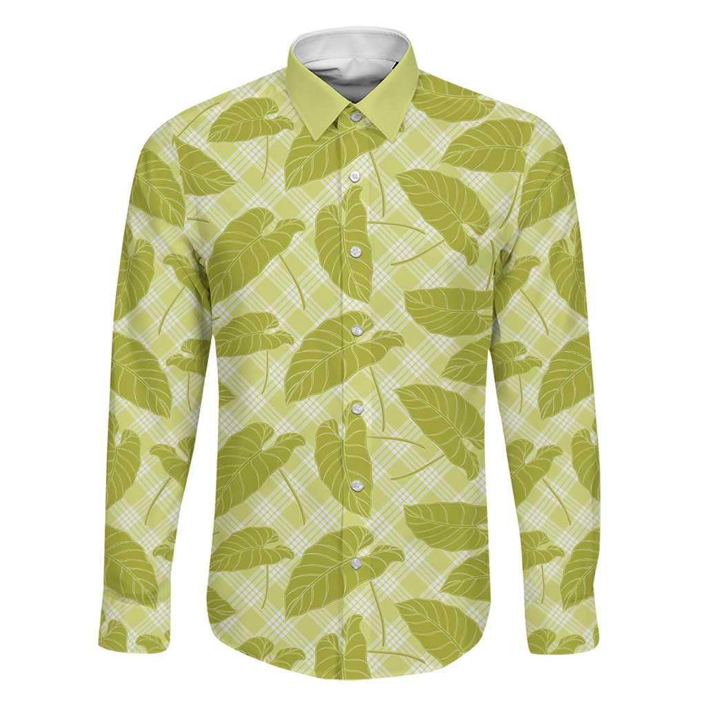 Lime Green Hawaii Kalo Palaka Motifs Family Matching Puletasi and Hawaiian Shirt Hawaiian Taro Leaves Elegant Vibes LT14 Dad's Shirt - Long Sleeve Lime Green - Polynesian Pride