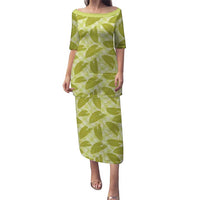 Lime Green Hawaii Kalo Palaka Motifs Family Matching Puletasi and Hawaiian Shirt Hawaiian Taro Leaves Elegant Vibes LT14 Mom's Dress Lime Green - Polynesian Pride