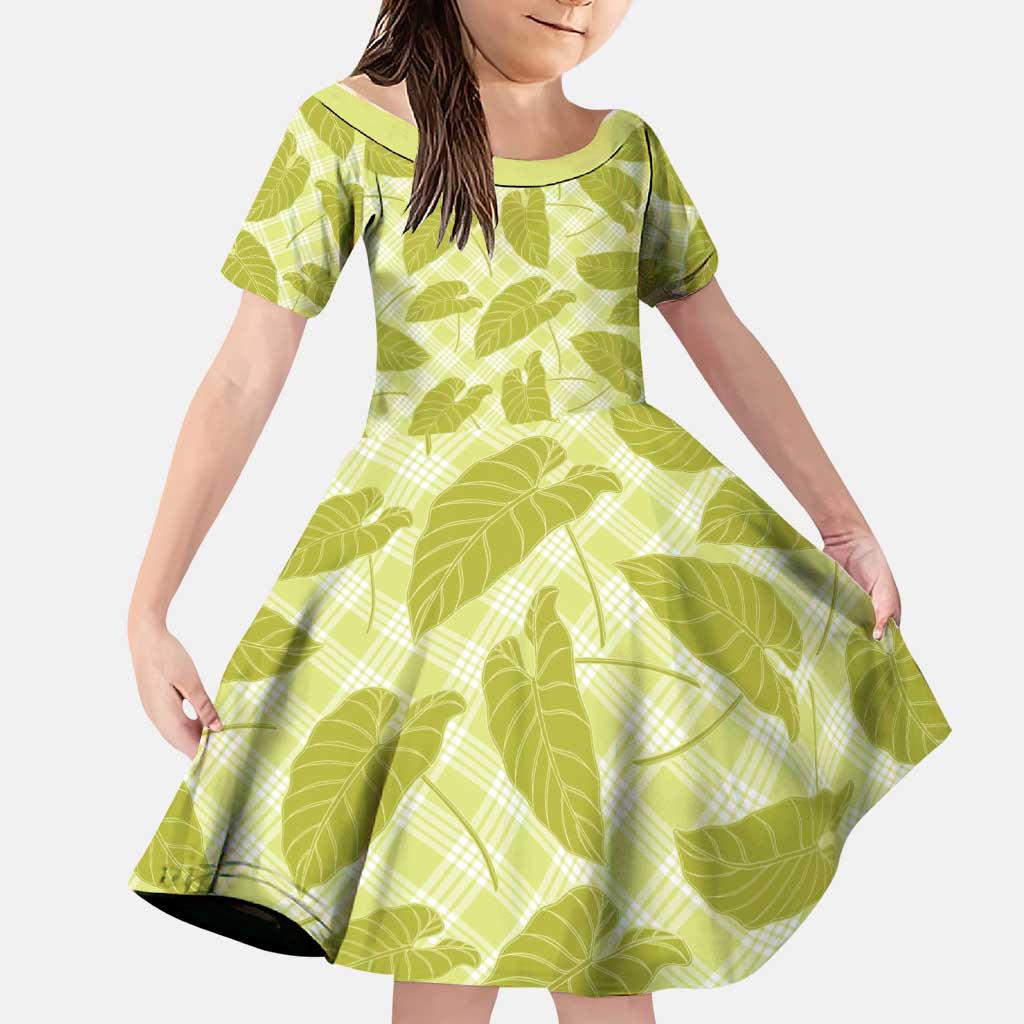 Lime Green Hawaii Kalo Palaka Motifs Family Matching Summer Maxi Dress and Hawaiian Shirt Hawaiian Taro Leaves Elegant Vibes LT14 Daughter's Dress Lime Green - Polynesian Pride