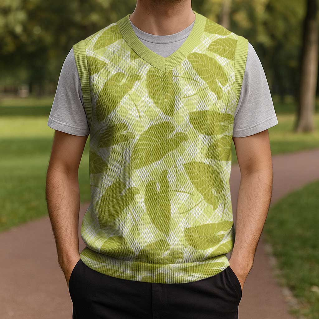 Lime Green Hawaii Kalo Palaka Motifs Christmas Knitted V-Neck Vest Hawaiian Taro Leaves Elegant Vibes LT14 - Polynesian Pride