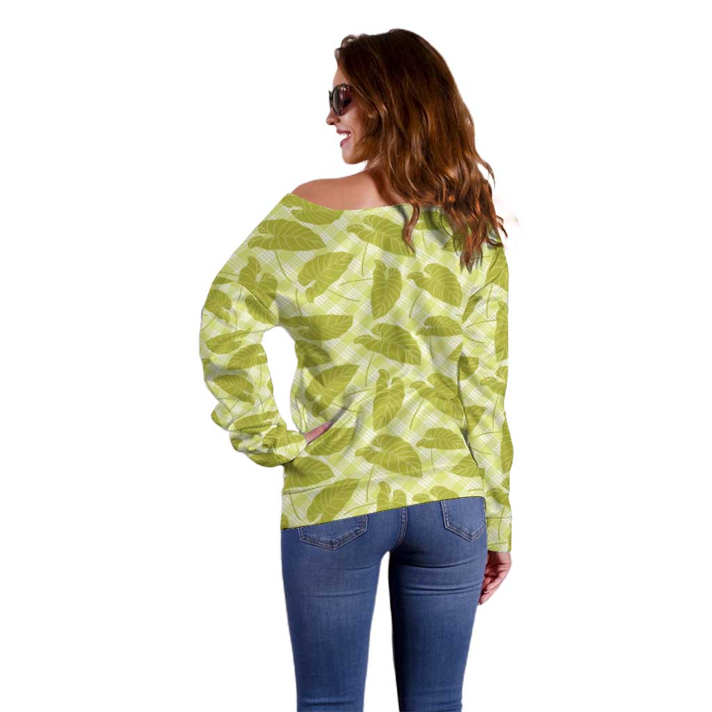 Lime Green Hawaii Kalo Palaka Motifs Off Shoulder Sweater Hawaiian Taro Leaves Elegant Vibes - Polynesian Pride