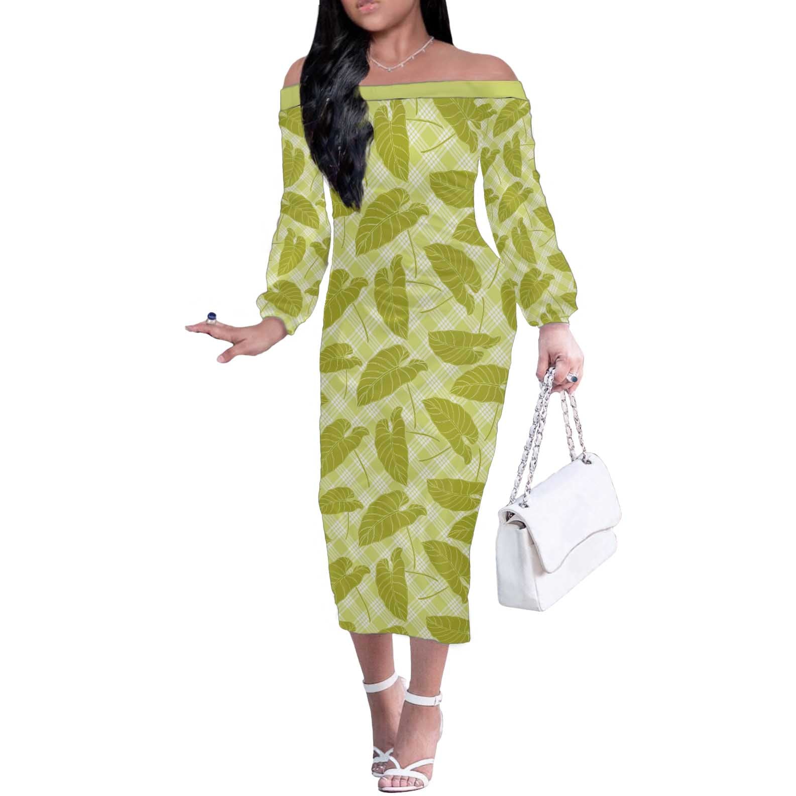 Lime Green Hawaii Kalo Palaka Motifs Off The Shoulder Long Sleeve Dress Hawaiian Taro Leaves Elegant Vibes - Polynesian Pride