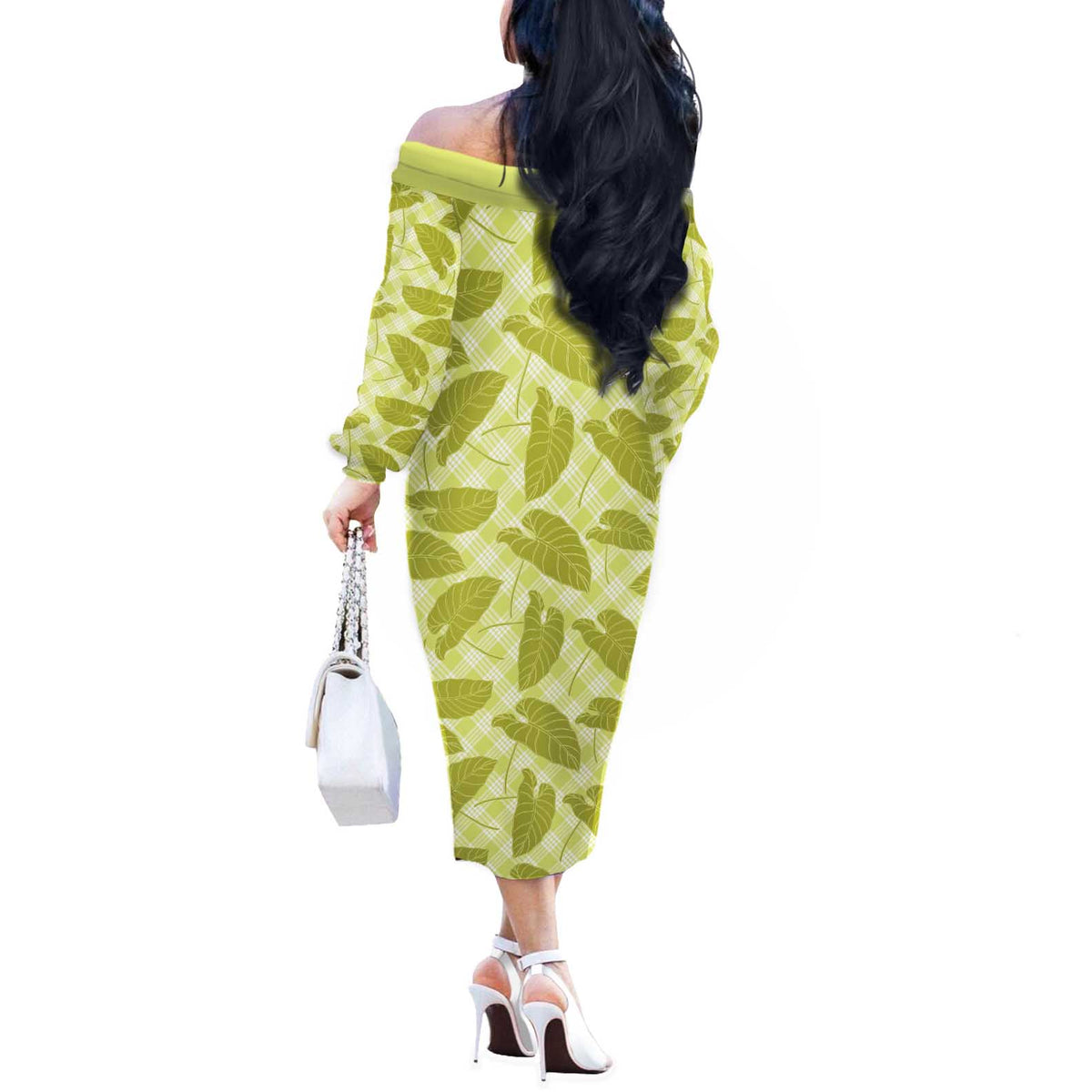 Lime Green Hawaii Kalo Palaka Motifs Off The Shoulder Long Sleeve Dress Hawaiian Taro Leaves Elegant Vibes LT14 - Polynesian Pride