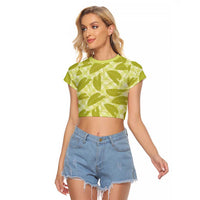 Lime Green Hawaii Kalo Palaka Motifs Raglan Cropped T Shirt Hawaiian Taro Leaves Elegant Vibes - Polynesian Pride
