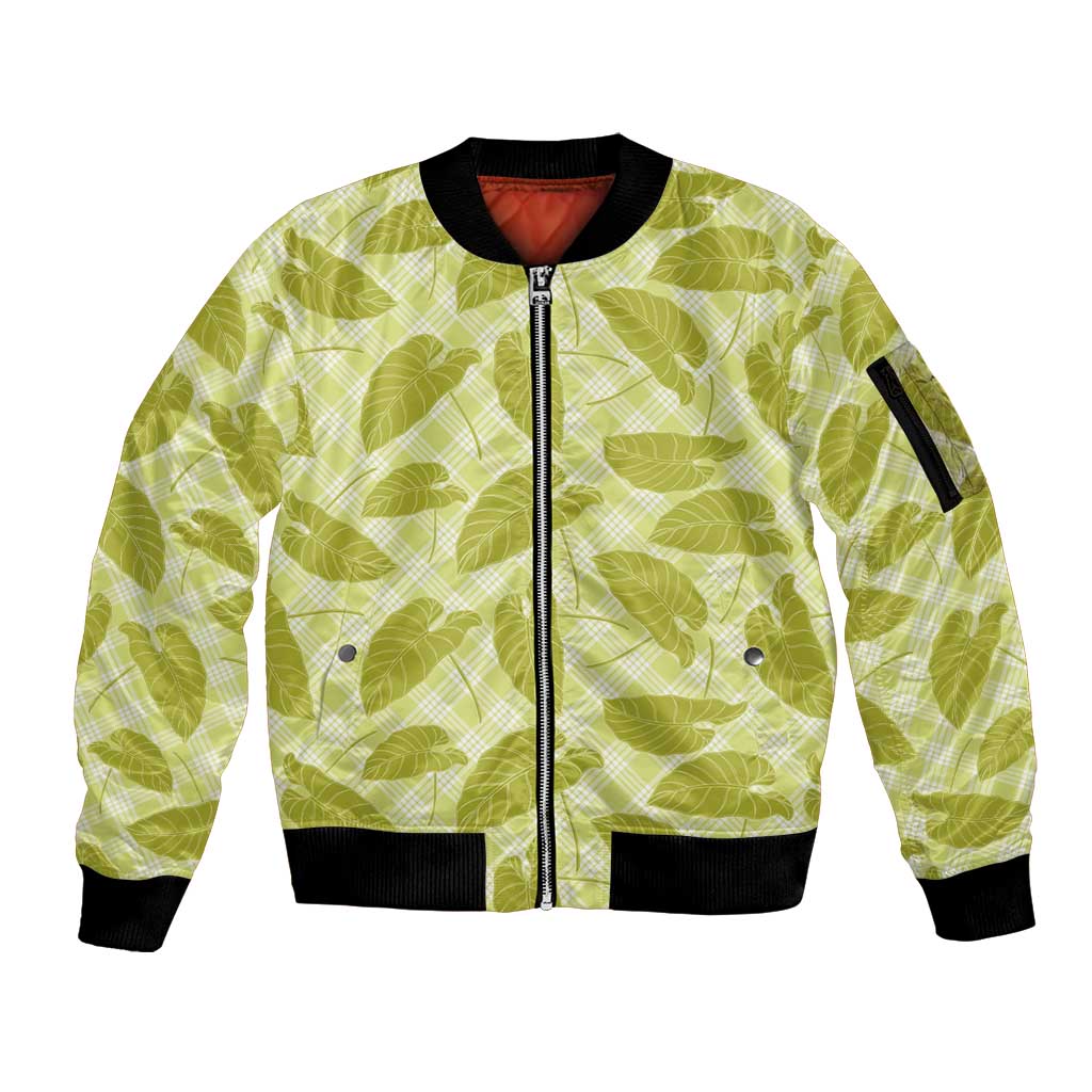 Lime Green Hawaii Kalo Palaka Motifs Sleeve Zip Bomber Jacket Hawaiian Taro Leaves Elegant Vibes LT14 Unisex Lime Green - Polynesian Pride