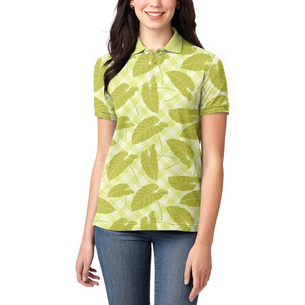 Lime Green Hawaii Kalo Palaka Motifs Women Polo Shirt Hawaiian Taro Leaves Elegant Vibes LT14 - Polynesian Pride